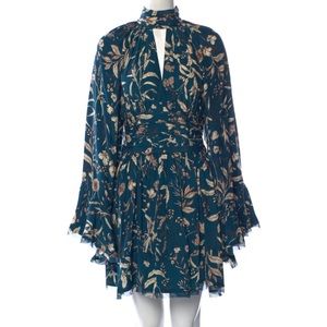 AMUR 100% silk Teal printed halter cocktail dress size 8